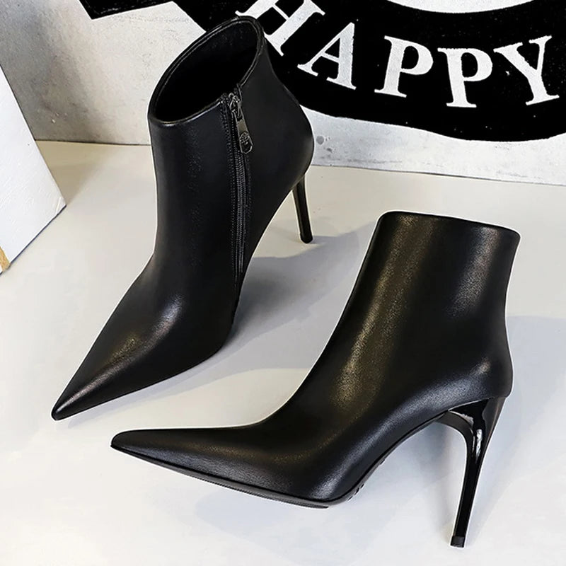 BIGTREE Leather Pointed Toe, Ankle Boots