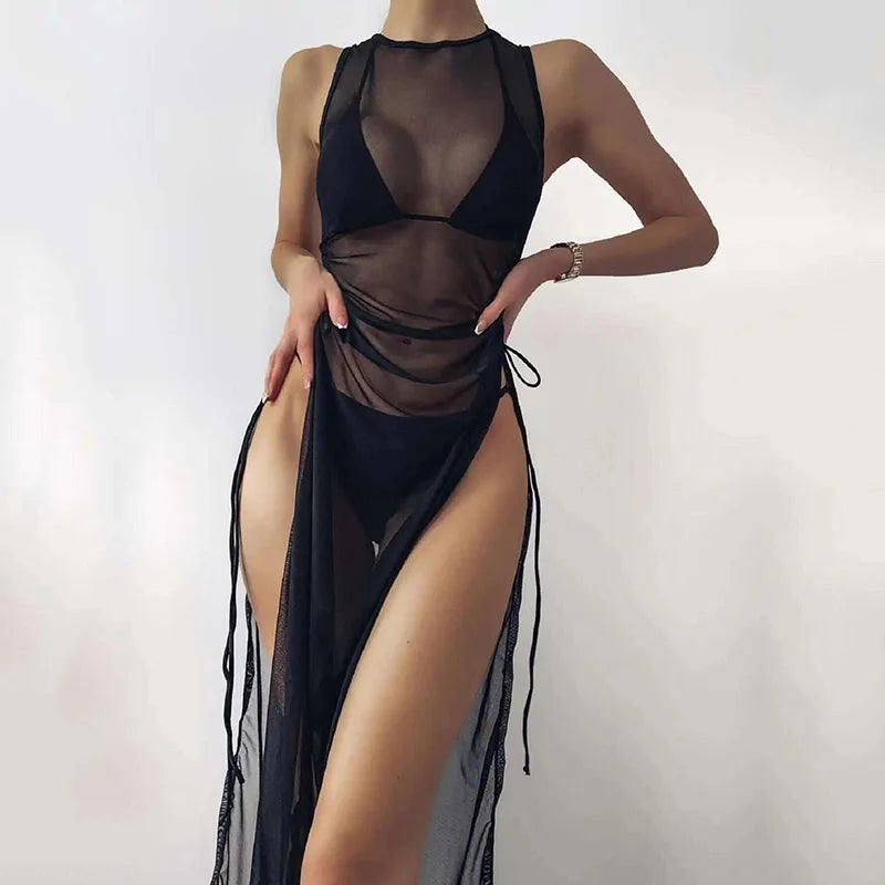 3 Pieces Bikini Set Micro String Bikini and Sheer Cover-Up Dress (Multiple Colors)