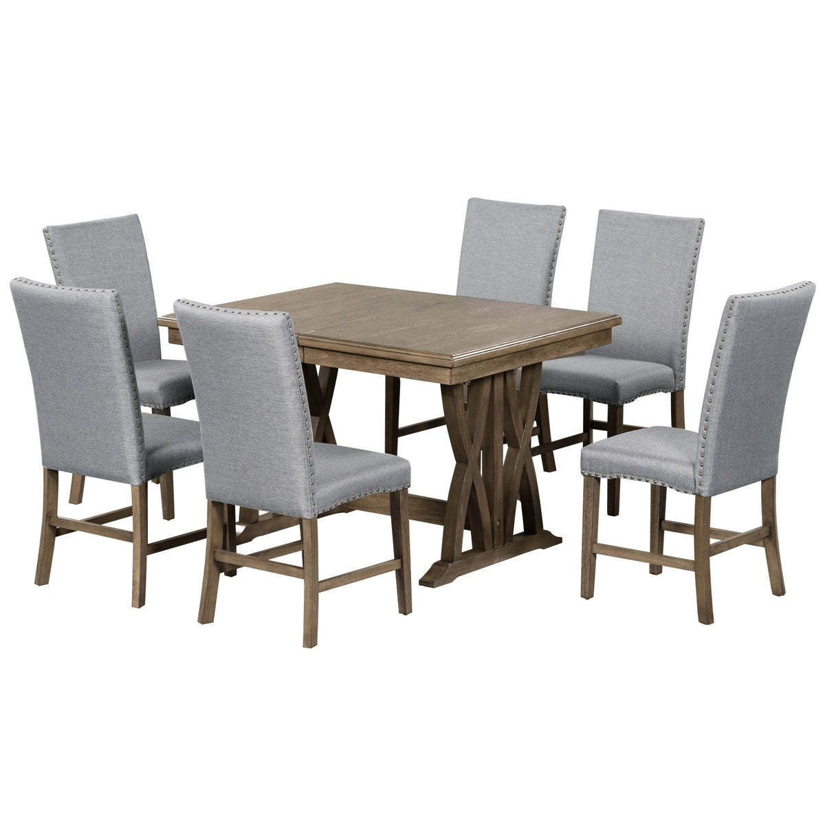 Mid-Century Solid Wood 7-Piece Dining Table Set w/ 12" Leaf w/ 6 chairs