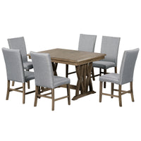 Mid-Century Solid Wood 7-Piece Dining Table Set w/ 12" Leaf w/ 6 chairs