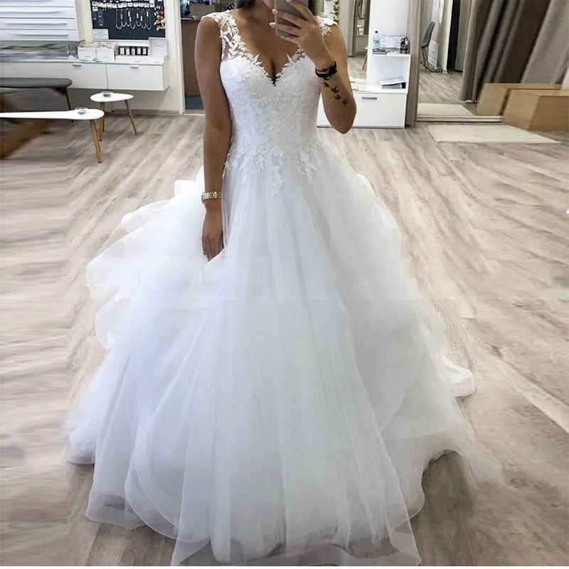 V-Neck Princess Wedding Dress With Tiered Tulle Skirt