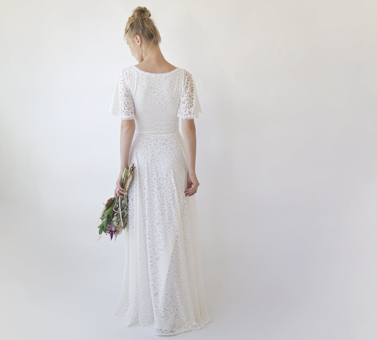 Bohemian Butterfly Sleeves, Modest Ivory Wedding Dress With Pockets #1318