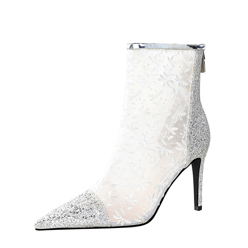 Lace & Sparkles & Mesh Ankle Stiletto Boot