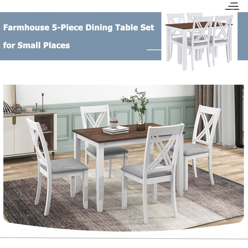 Rustic Minimalist Wood 5-Piece Dining Table Set w/ 4 X-Back Chairs - White