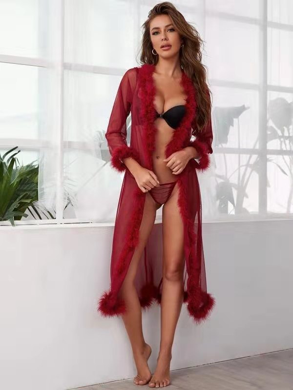 Feather Trimmed Sheer Long Robe w/ Satin Tie in Black, Red, White & Pink