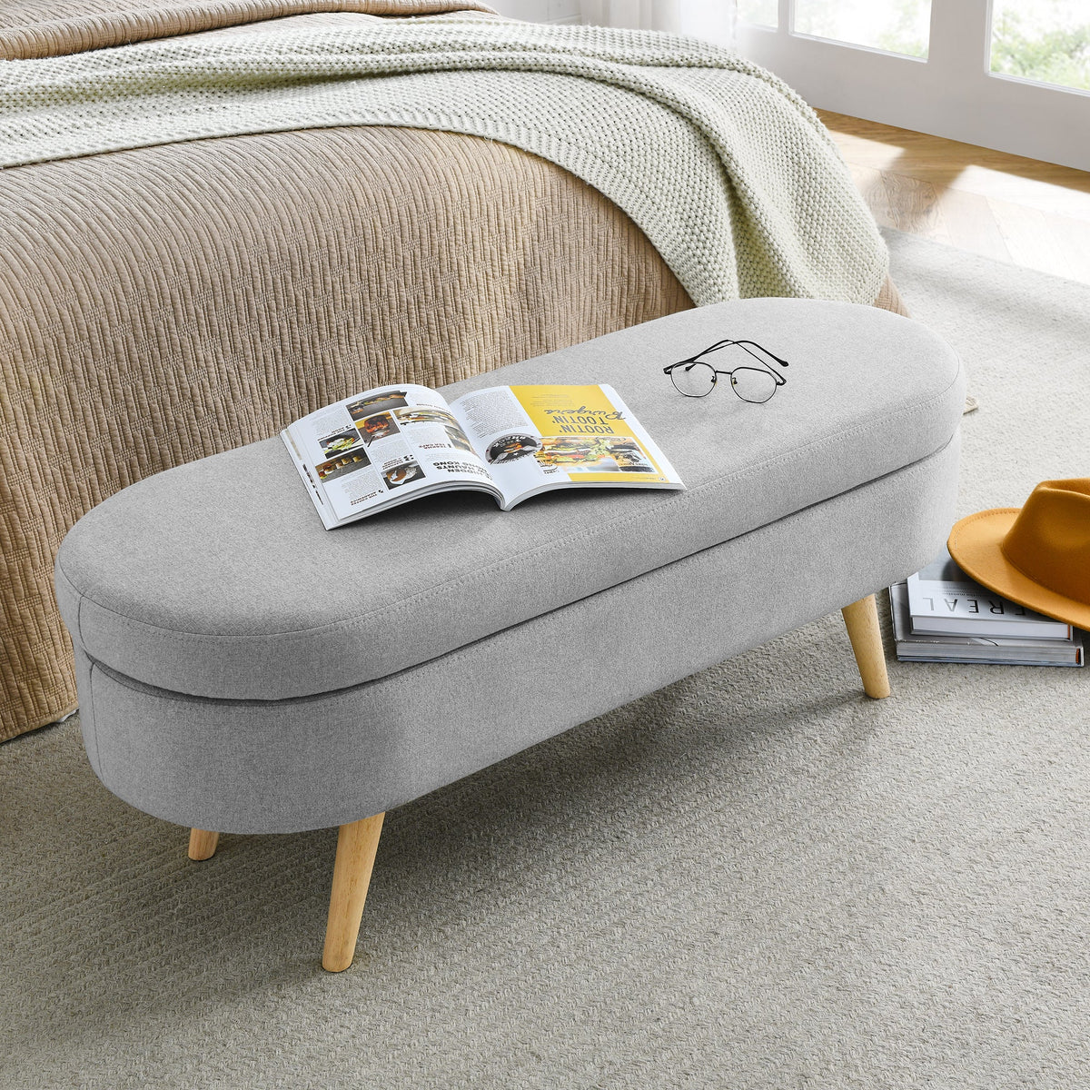 Ottoman Oval Storage Bench, Wood Legs, Grey(43.5"x16"x16")