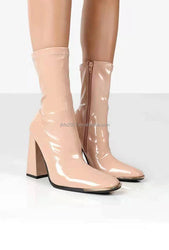 90's Shiny Leather Chunky Heels Mid Calf Zip-Up Boot