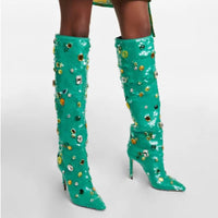 Sequin Rhinestone Knee-High Boots