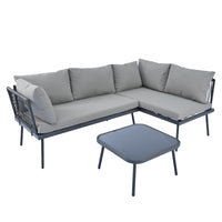 3-Piece PE Rattan Metal Sectional Furniture Set w/ Cushions and Glass Table