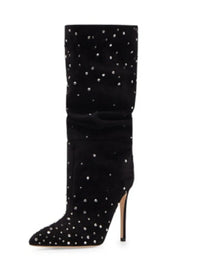 Frosted Rhinestone Pleated Knee High Heel Boots