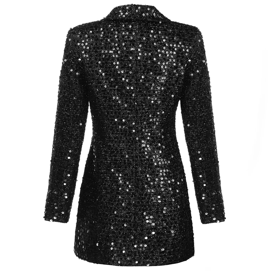 Designer Handmade Blazer w/ Double Lion Buttons Glitter Sequined Long