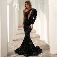 Stella - Sequined Long Sleeve Key Hole Long Evening Gown