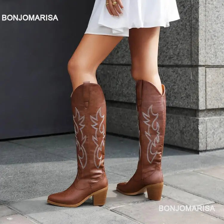 Embroidered Western Knee High Cowboy Boots (Multiple Color Options)