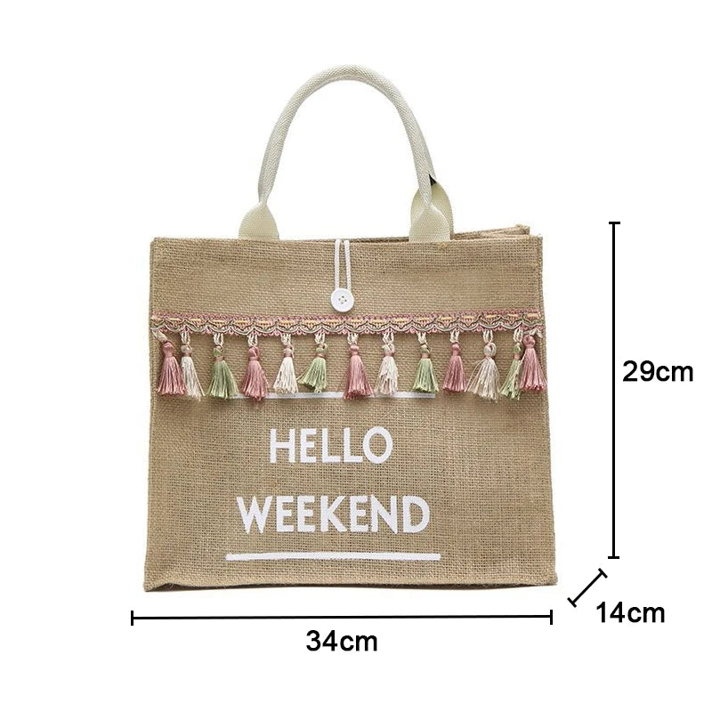 Summer Beach Large Capacity Tassel Shoulder Linen Totes