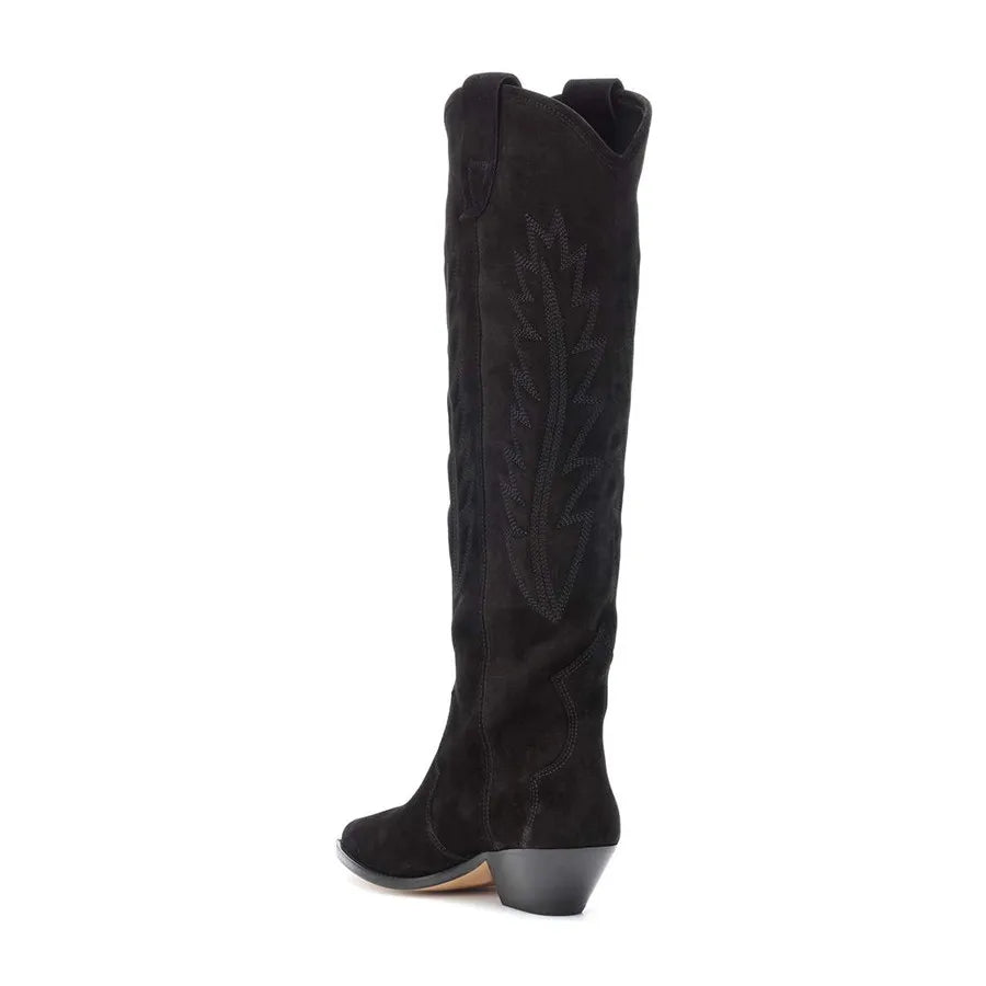 Suede Embroidered Knee High Boots in Nude & Black