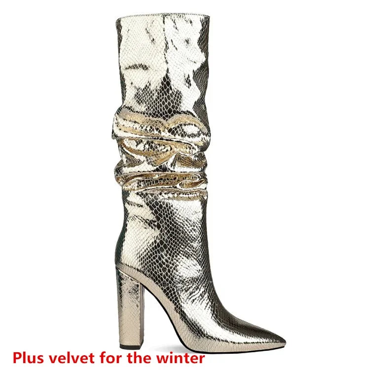 Knee High Metallic Pointed Toe Square Heel Party Boots