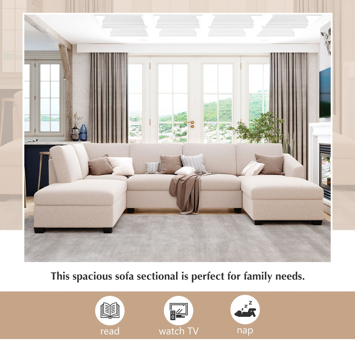 Modern Large U-Shape Sectional Sofa, Double Wide Chaise Lounge Couch,  Beige