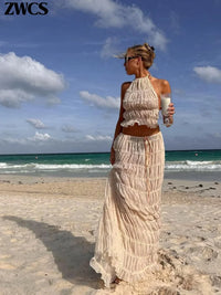 Pleated Crop Tops Long Skirt Sexy 2 Piece Set Beach Outfit