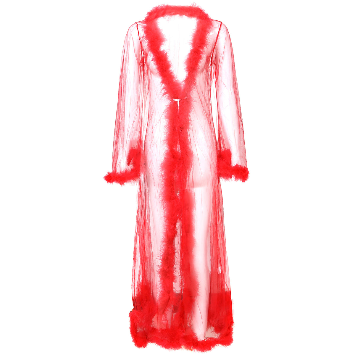 Feather Trimmed Sheer Long Robe w/ Satin Tie in Black, Red, White & Pink