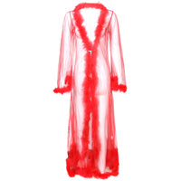 Feather Trimmed Sheer Long Robe w/ Satin Tie in Black, Red, White & Pink