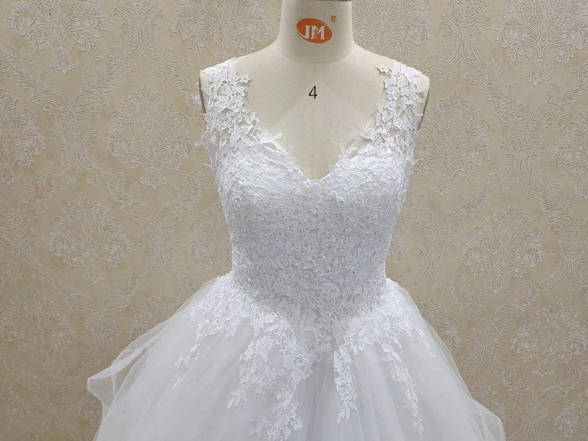 V-Neck Princess Wedding Dress With Tiered Tulle Skirt