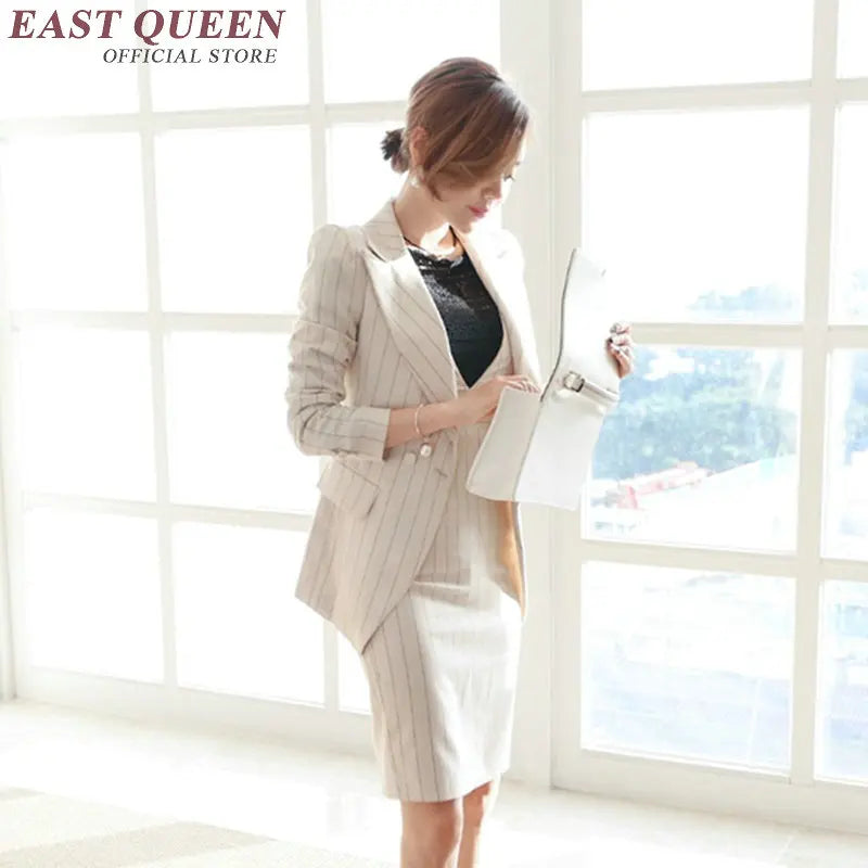 Pin Stripe Suit Set in Blue/White or Beige/White - Blazer and Pencil Skirt