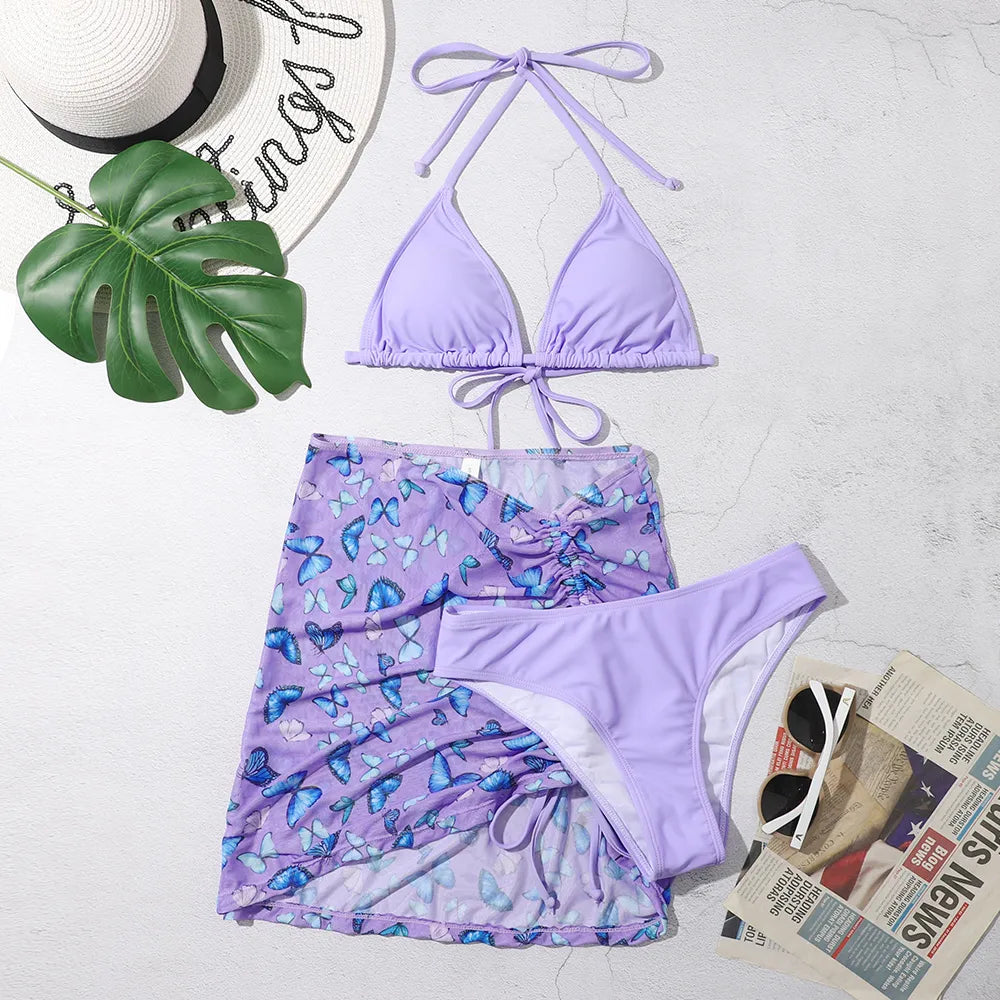 3 Pieces Bikini Set With Skirt Tie Dye String Thong Swim Suit