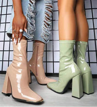 90's Shiny Leather Chunky Heels Mid Calf Zip-Up Boot