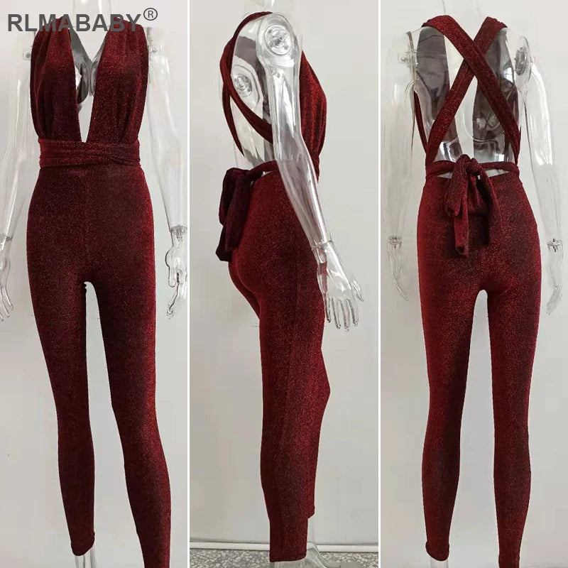 Deep Neck & Backless Shimmer Bandage Jumpsuit (Multiple Colors)