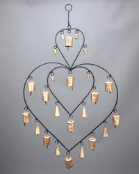 Double Heart Chime Hanging Brass Bells for Wall Decor