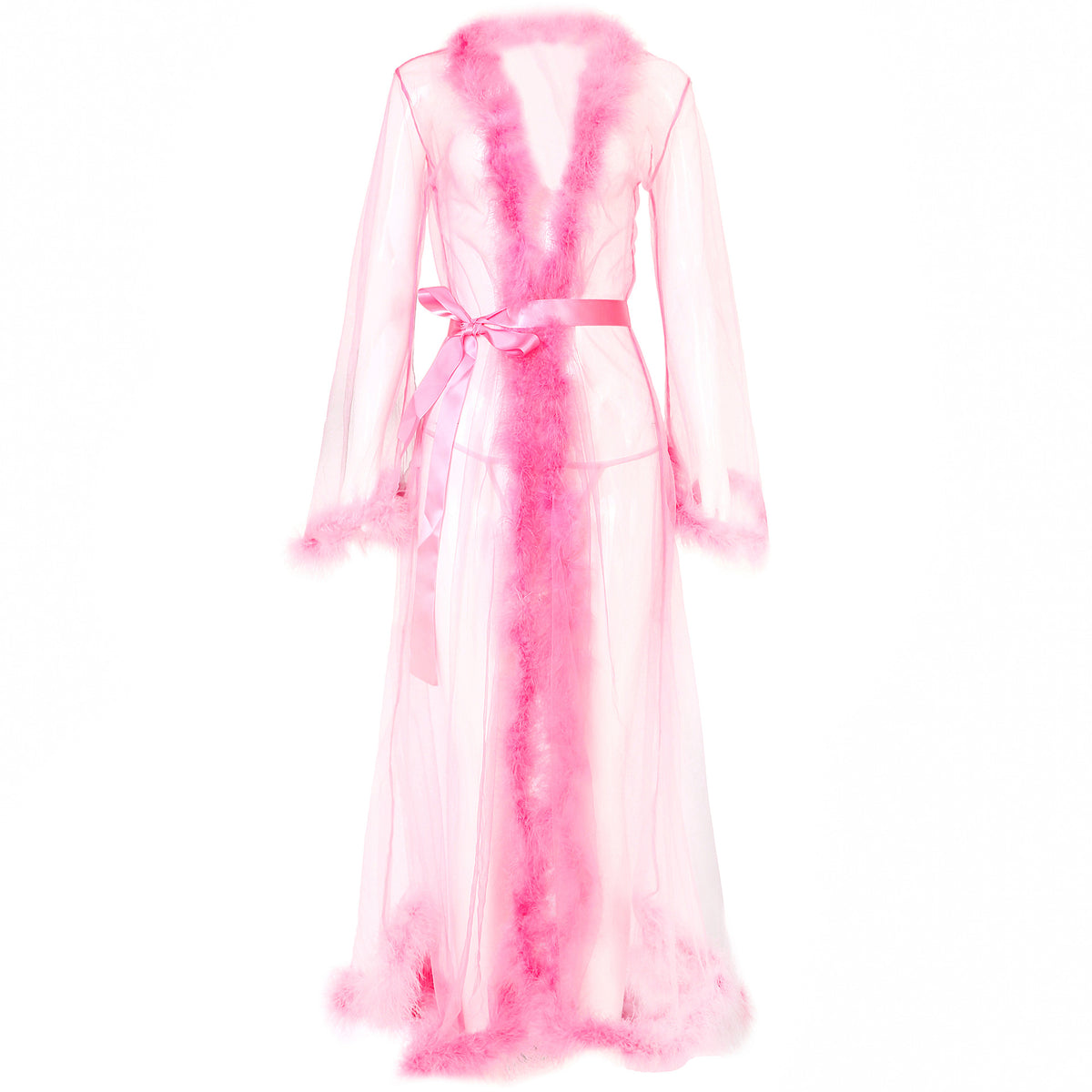 Feather Trimmed Sheer Long Robe w/ Satin Tie in Black, Red, White & Pink