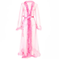 Feather Trimmed Sheer Long Robe w/ Satin Tie in Black, Red, White & Pink