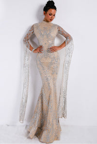 Stunning High Neck Silver and Ivory Evening Gown