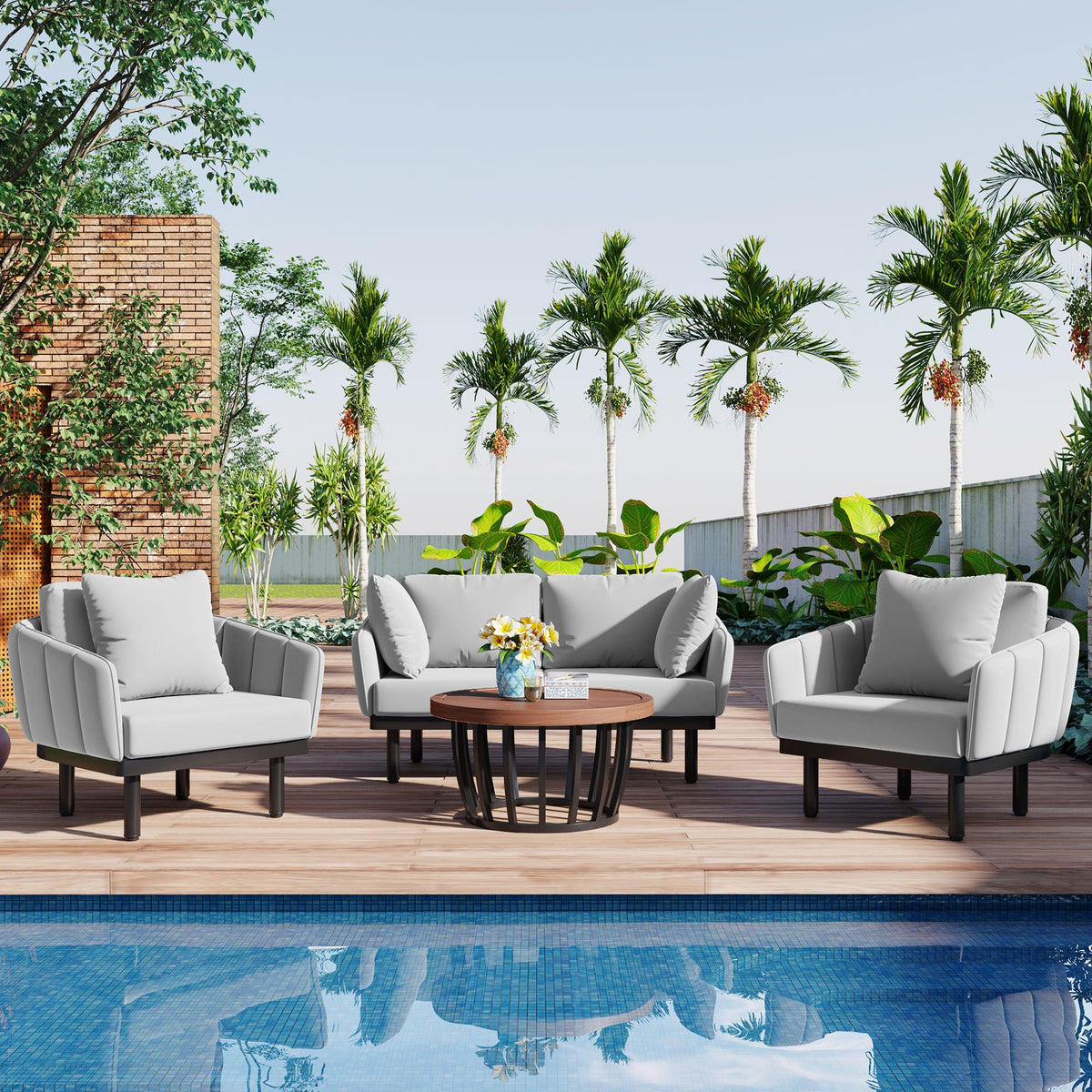 Luxury Modern 4-Piece Outdoor Iron Frame Patio Set w/ Acacia Wood Coffee Table