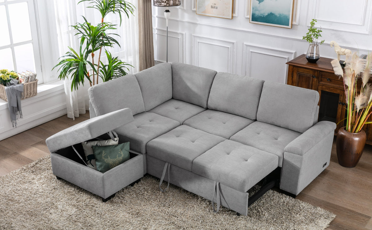 Sleeper Sofa, L-Shape w/ Storage Ottoman & Hidden Arm Storage & USB ports