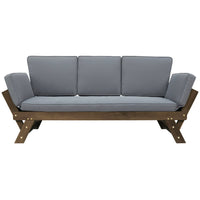 Outdoor Adjustable Patio Wooden Daybed Brown Finish + Gray Cushion