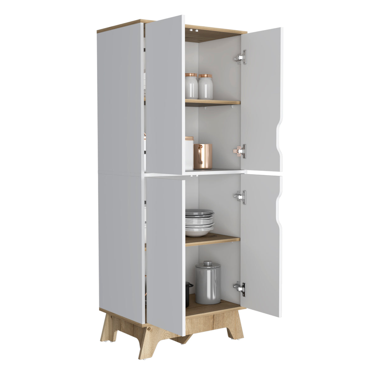 Kitchen Pantry w/ Double Door, Four Legs, Four Shelves - Light Oak / White