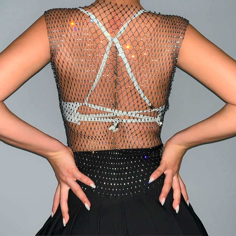 Sparkle Black Mesh Sheer Rhinestone Cover Top