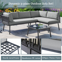 3-Piece PE Rattan Metal Sectional Furniture Set w/ Cushions and Glass Table