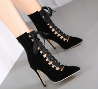 Velvet Lace-Up Zipper Stiletto Ankle Boots