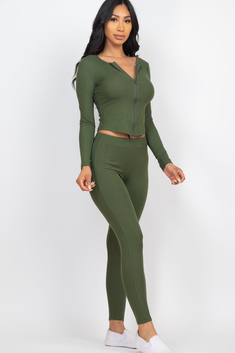 Ribbed Zip Front Long Sleeve Top & Leggings Set (CAPELLA)