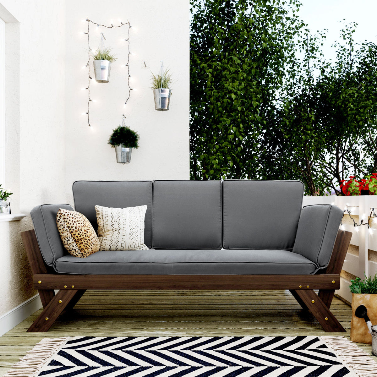 Outdoor Adjustable Patio Wooden Daybed Brown Finish + Gray Cushion