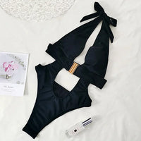 Halter Deep V Neck Monokini One Piece Swimsuit