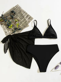 Three Pieces Swimwear Black Bikini Set With Cover Up