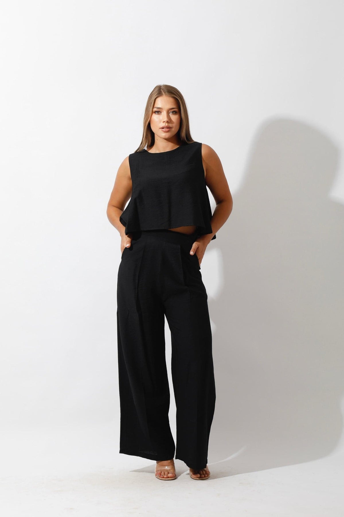 Sleeveless Tank Top & Wide Leg Pants Lounge Set in Black Sizes XS-&XL