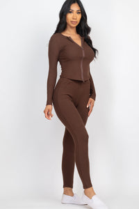 Ribbed Zip Front Long Sleeve Top & Leggings Set (CAPELLA)