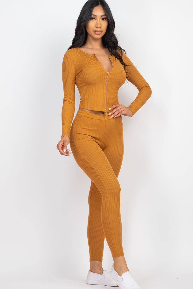 Ribbed Zip Front Long Sleeve Top & Leggings Set (CAPELLA)