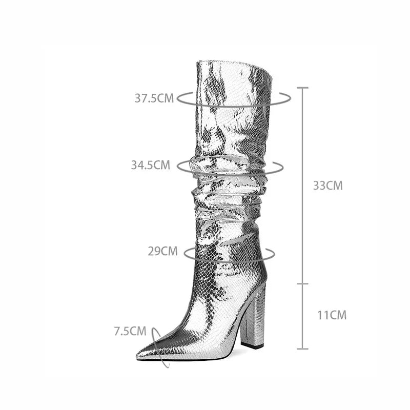 Knee High Metallic Pointed Toe Square Heel Party Boots