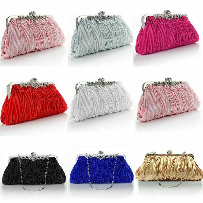 Crystal Evening Clutch w/ Chain & Ruffle (Multiple Colors)