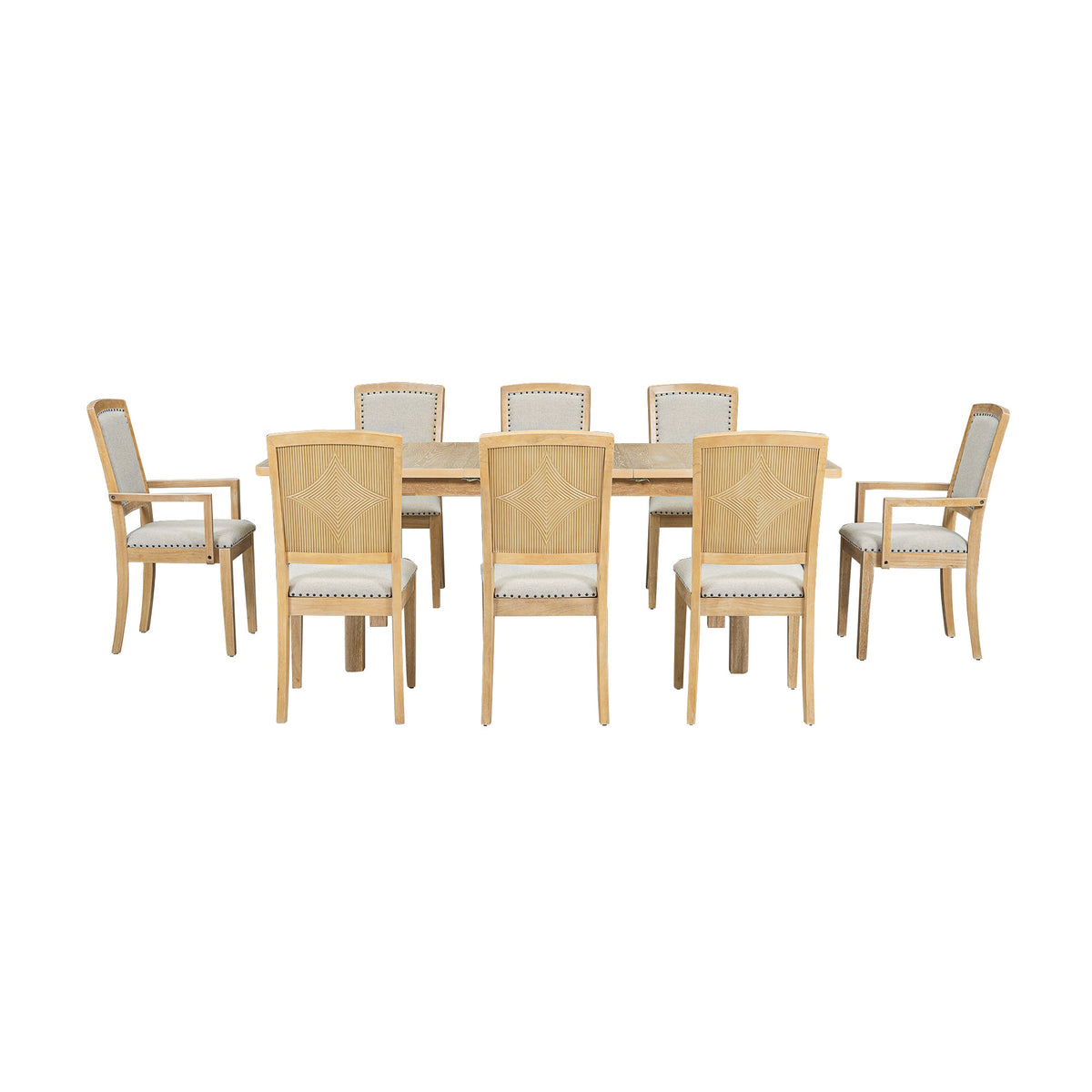 Rustic 84in Dining Table Set w/ 24in Removable Leaf 8 Upholstered Chairs